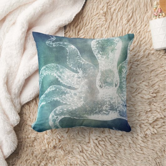 タコミッドナイトブルーティール(緑がかった色)ウォーターカラーヴィンテージアート クッション (ブランケット)