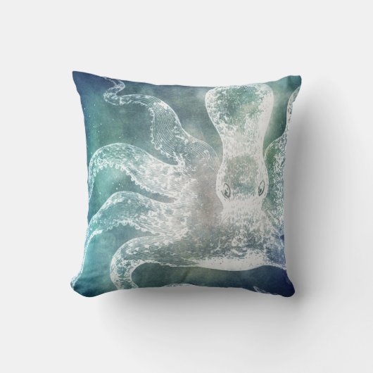 タコミッドナイトブルーティール(緑がかった色)ウォーターカラーヴィンテージアート クッション (正面)