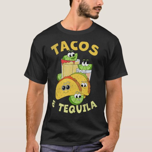 タコメキシコの飲食物タコスとテキーラ Tシャツ (正面)