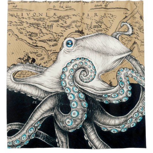 タコヴィンテージマップベージュ シャワーカーテン (正面)