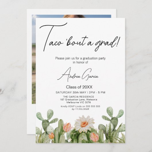 タコ卒業の開花サボテンの卒業 招待状 (正面/裏面)