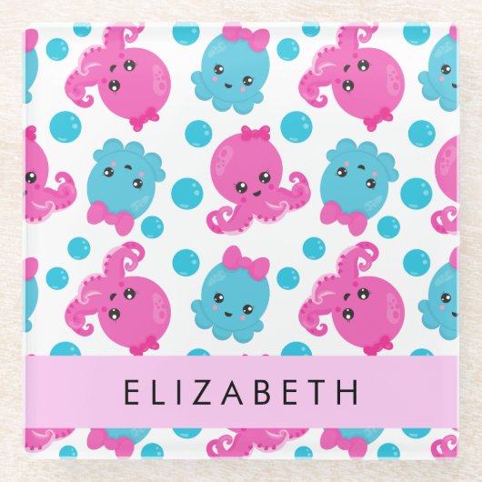 タコ柄かわいいタコ海あなたの名前 ガラスコースター (正面)