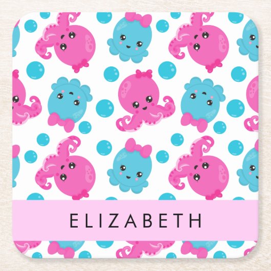 タコ柄かわいいタコ海あなたの名前 スクエアペーパーコースター (正面)