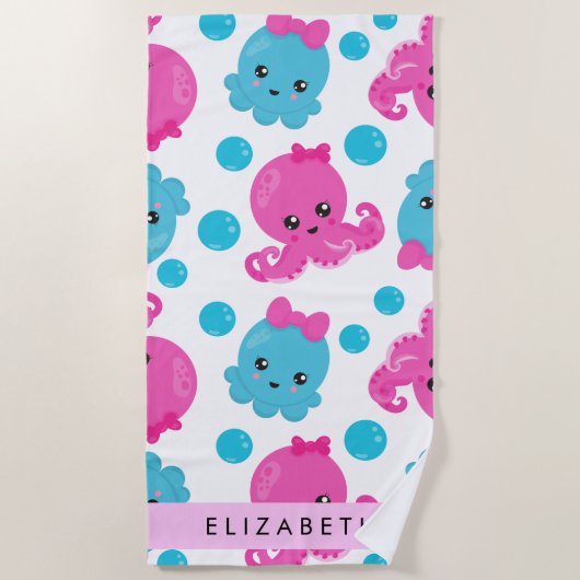 タコ柄かわいいタコ海あなたの名前 ビーチタオル (正面)