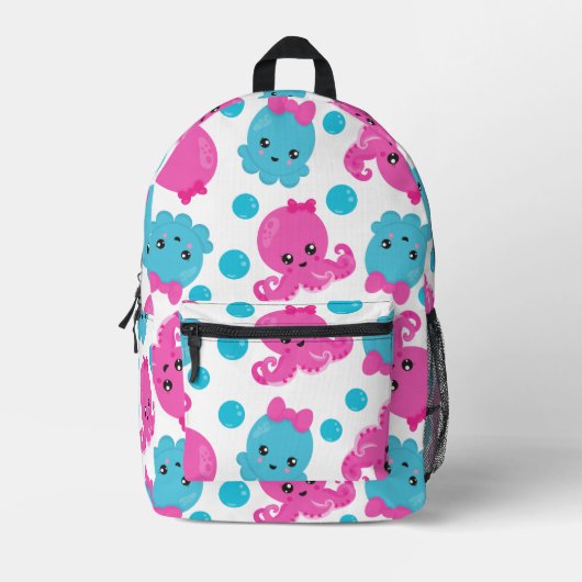 タコ柄、かわいいタコ、海獣 プリントバックパック (正面)