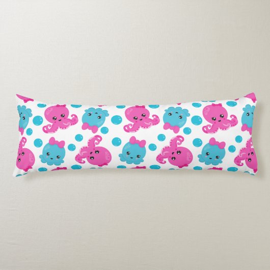 タコ柄、かわいいタコ、海獣 ボディピロー (正面)
