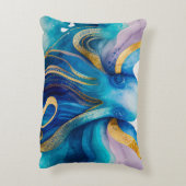 タコ水彩ティール（緑がかった色）金ゴールド枕カバー アクセントクッション (裏面(縦))