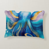 タコ水彩ティール（緑がかった色）金ゴールド枕カバー アクセントクッション (裏面)