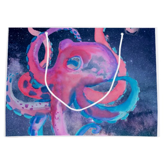 タコ水彩宇宙海ピンク ラージペーパーバッグ (正面)