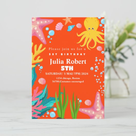 タコ海の動物のオレンジの誕生日の招待 招待状 (スタンド正面)