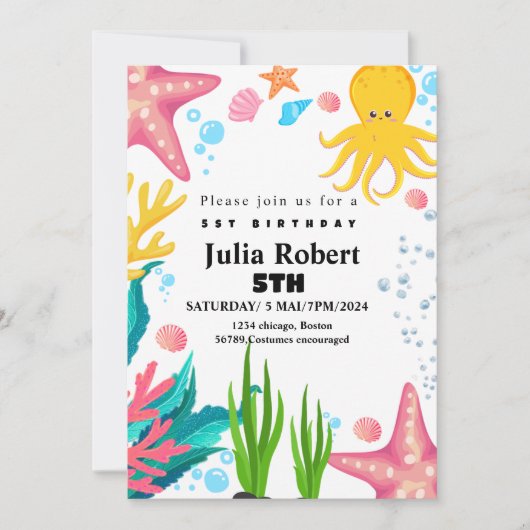 タコ海の動物の水色の誕生日の招待 招待状 (正面)