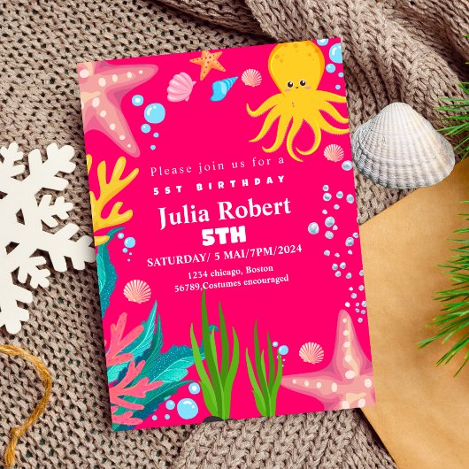 タコ海の動物の水色の誕生日の招待 招待状
