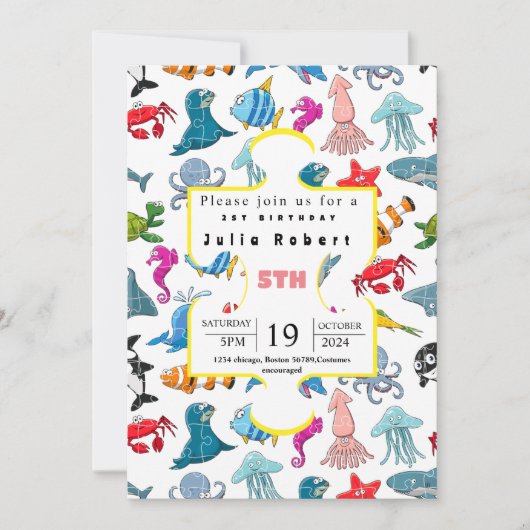 タコ海の動物の水色の誕生日の招待 招待状 (正面)