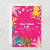 タコ海の動物の水色の誕生日の招待 招待状 (正面)