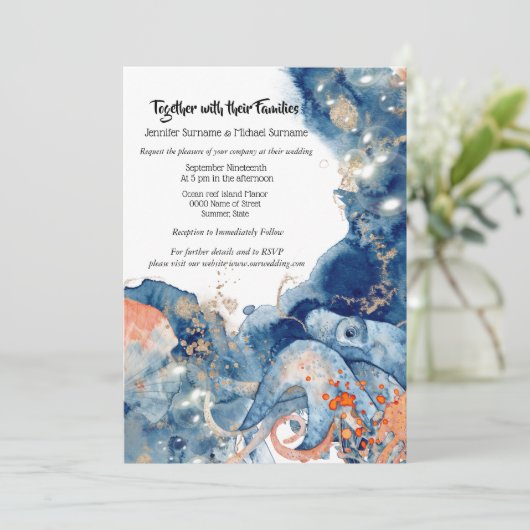 タコ海ネイビーオレンジスプラッシュビーチ結婚式 招待状 (スタンド正面)