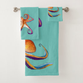 タコ海洋生物水彩画 バスタオルセット