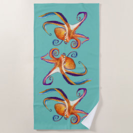 タコ海洋生物水彩画 ビーチタオル