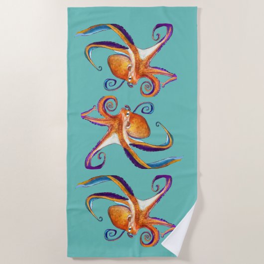 タコ海洋生物水彩画 ビーチタオル (正面)