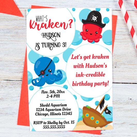 タコ海賊こども誕生日「クラケンとは」 招待状