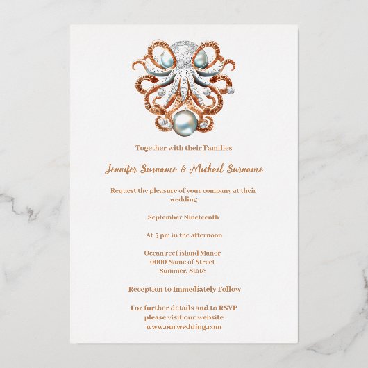 タコ真珠航海のビーチテーマミニマリストシック 箔招待状 (正面)