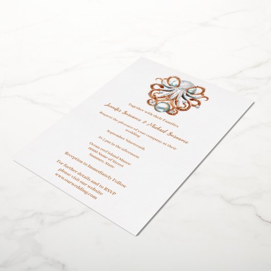 タコ真珠航海のビーチテーマミニマリストシック 箔招待状 (回転した状態)