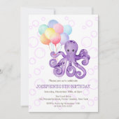 タコ紫色バブルバルーンカラフル誕生日 招待状 (正面)