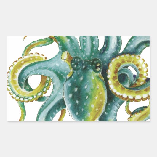 タコ緑色水彩画 長方形シール (正面)
