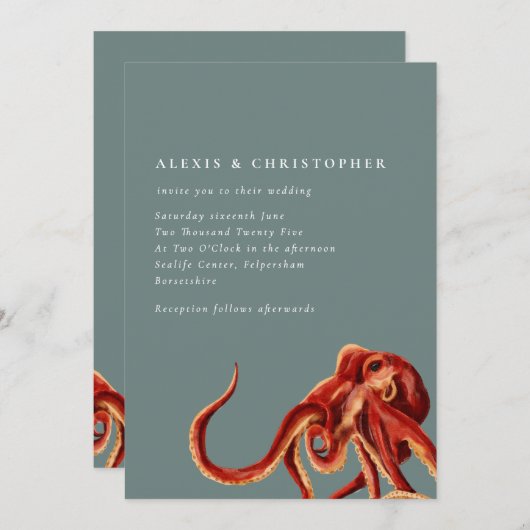 タコ航海のサスト&ティール(緑がかった色)結婚ズ 招待状 (正面/裏面)