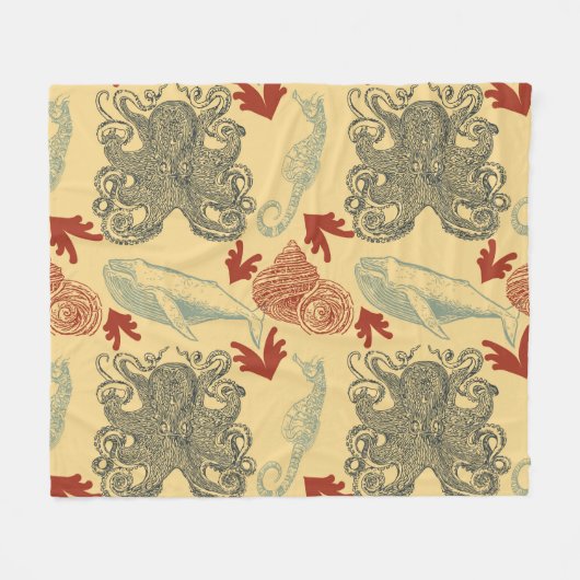 タコ航海のシーモンスターイラストレーション フリースブランケット (正面(横))