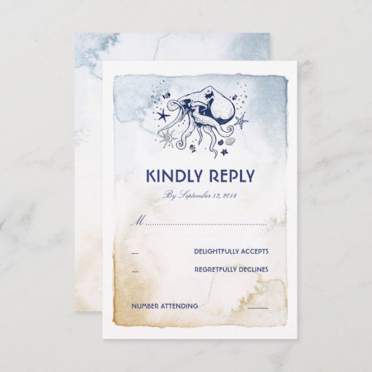 タコ航海のネイビー水彩結婚式RSVP 出欠カード (正面/裏面)