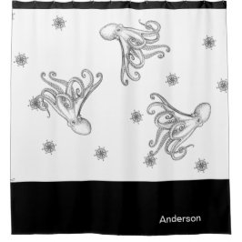 タコ航海のバスルーム海白黒 シャワーカーテン