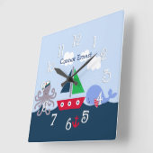 タコ航海の、クジラ、海洋生物子供部屋時計 スクエア壁時計 (傾斜)