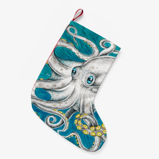 タコ触手グリーンティール（緑がかった色）インク スモールクリスマスストッキング (正面 (吊り時))