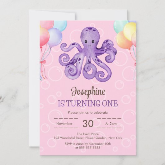 タコ風船バブルピンク子供の誕生日 招待状 (正面)