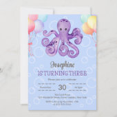 タコ風船バブルブルー子供の誕生日 招待状 (正面)