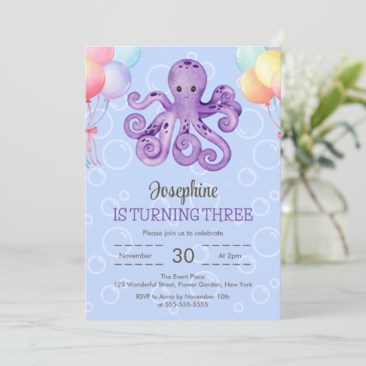 タコ風船バブルブルー子供の誕生日 招待状 (スタンド正面)