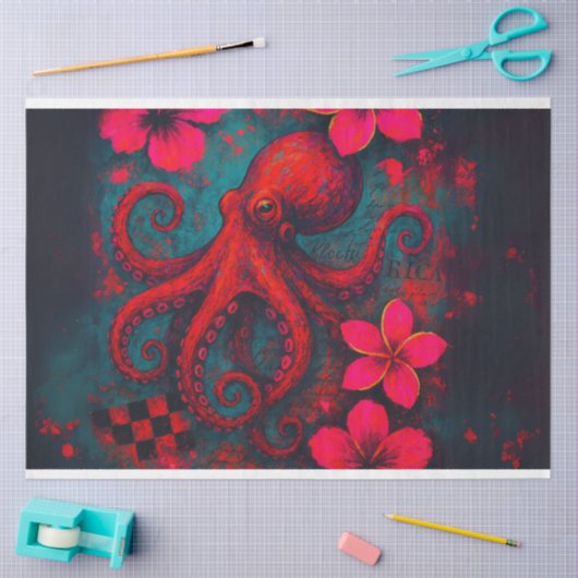 タコ鮮やかと熱帯花模様- Decopage 薄葉紙 (クラフト)