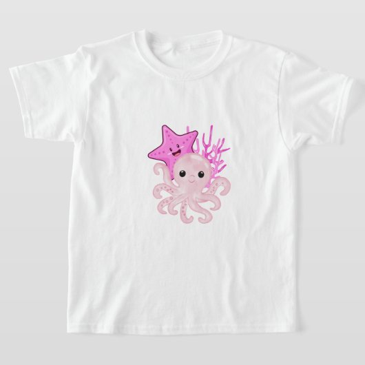 タコ,ヒトデ,ピンクのサンゴ礁,海デザイン Tシャツ (レイダウン)