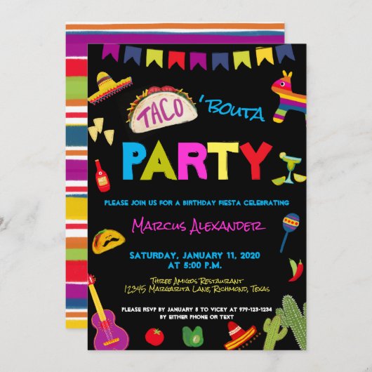 タコ·ボウタ·カラフルパーティー·フィエスタ·バースデー·パーティー 招待状 (正面/裏面)