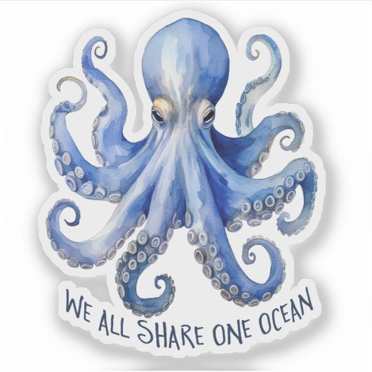 タコ 水彩画 海洋保護 海の生き物 シール (正面)