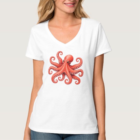 タコ 海の生き物 海洋 動物 デザイン Tシャツ (正面)