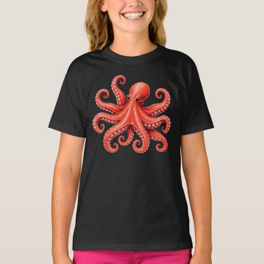 タコ 海の生き物 海洋 動物 デザイン Tシャツ (正面)