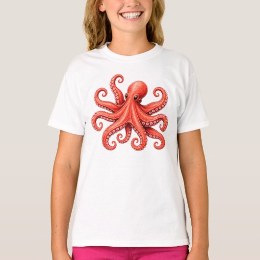 タコ 海の生き物 海洋 動物 デザイン Tシャツ (正面)