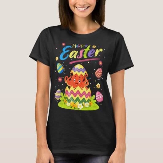 タコ 魚 イースター エッグ タコ ハッピーイースター Tシャツ (正面)
