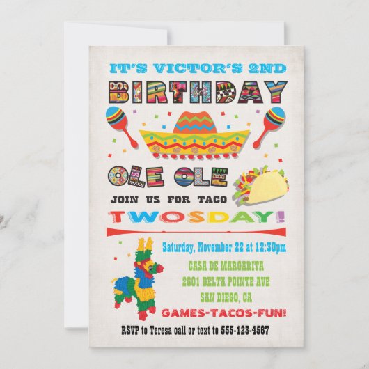 タコTwosday火曜日メキシカンフィエスタ2nd誕生日 招待状 (正面)