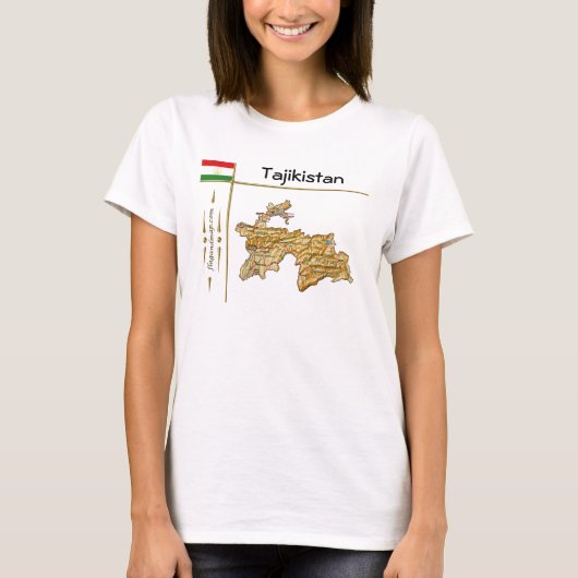 タジキスタンの地図と国旗とタイトルTシャツ Tシャツ (正面)