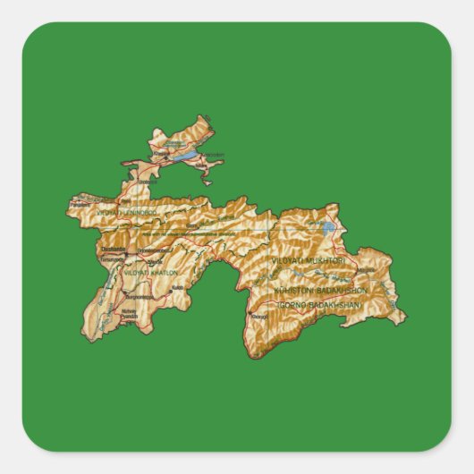 タジキスタンの地図ステッカー スクエアシール (正面)