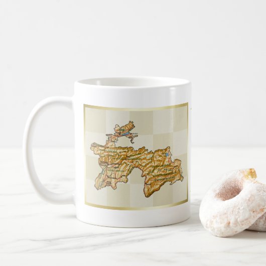 タジキスタンの旗と地図のマグカップ コーヒーマグカップ (ドーナツ)