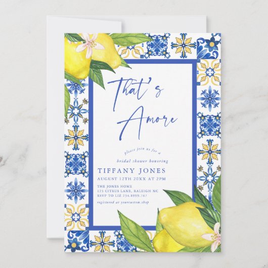 タスアモーレブルーイタリアンタイルレモンブライダルシャワー 招待状 (正面)