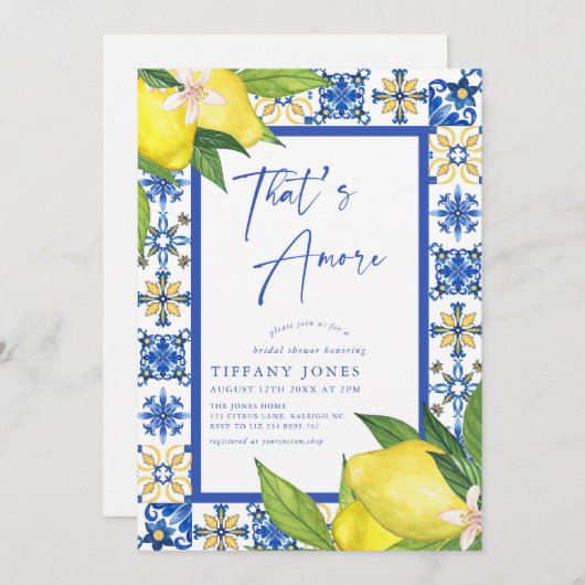 タスアモーレブルーイタリアンタイルレモンブライダルシャワー 招待状 (正面/裏面)